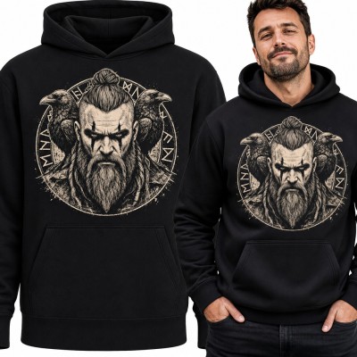 Bluza męska z kapturem - wojownik wiking z krukami Odyna i runami