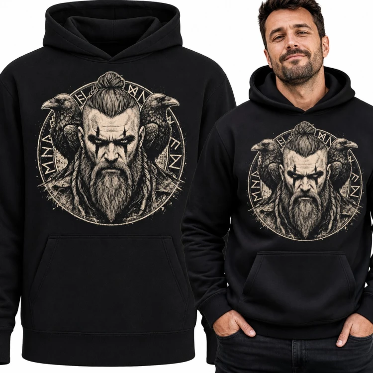 Bluza męska z kapturem - wojownik wiking z krukami Odyna i runami