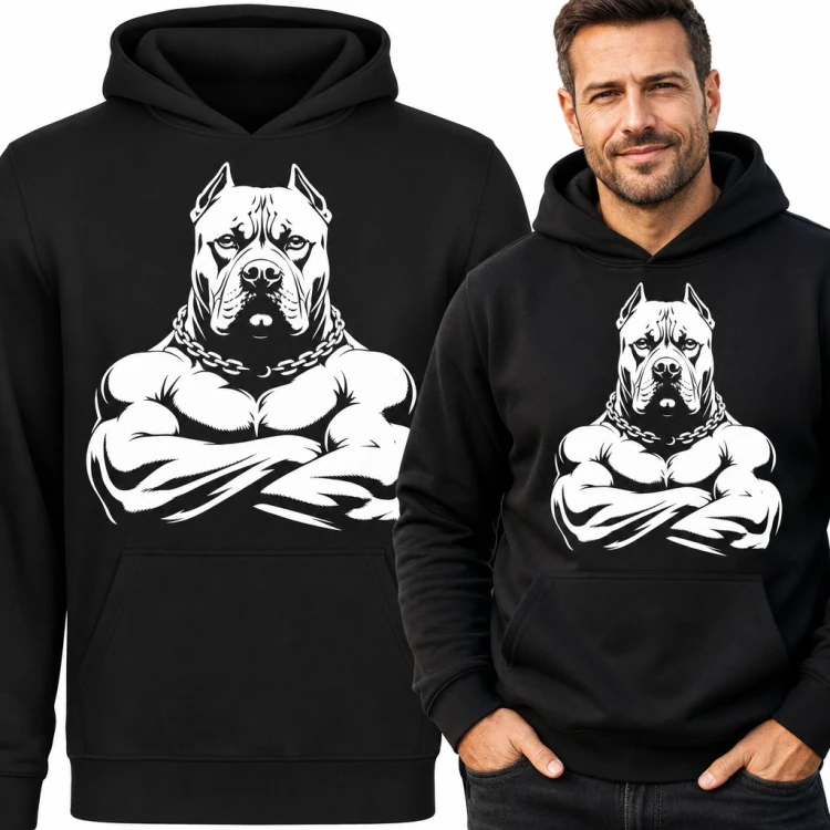 Bluza męska z kapturem - umięśniony pitbull z łańcuchem dla miłośnika psów