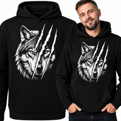 Bluza męska z kapturem - wilk przecięty śladami pazurów