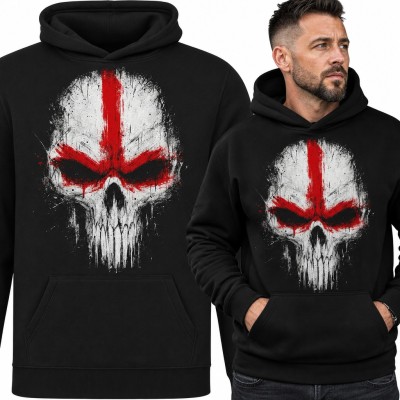 Bluza męska z kapturem - biała czaszka grunge z czerwonym krzyżem