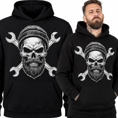Bluza męska z kapturem - czaszka z brodą na tle kluczy płaskich dla mechanika
