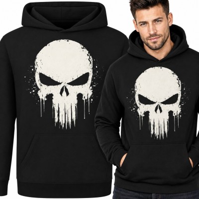 Bluza męska z kapturem - biała czaszka z zaciekami w stylu grunge