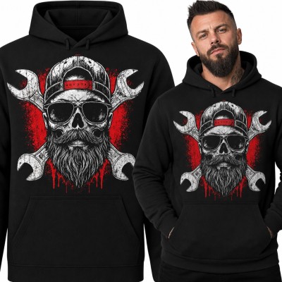 Bluza męska z kapturem dla mechanika - czaszka z brodą w czapce z daszkiem
