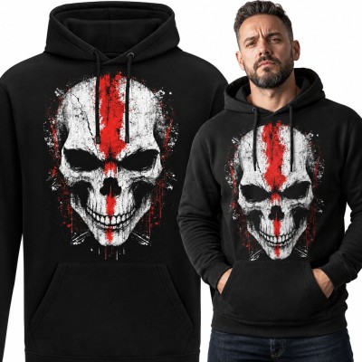 Bluza męska z kapturem - biała czaszka z czerwonym pasem wojownika w stylu grunge