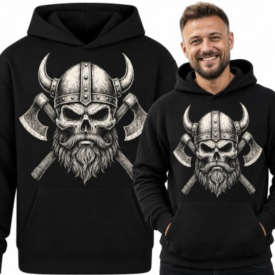 Bluza męska z kapturem - brodaty wiking czaszka z toporami dla fana nordyckich wojowników