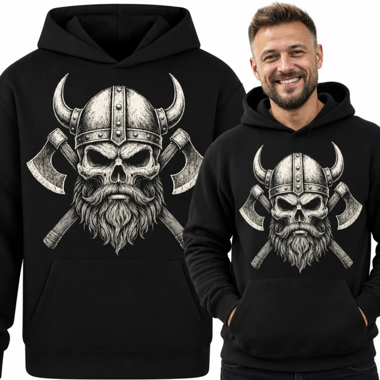 Bluza męska z kapturem - brodaty wiking czaszka z toporami dla fana nordyckich wojowników