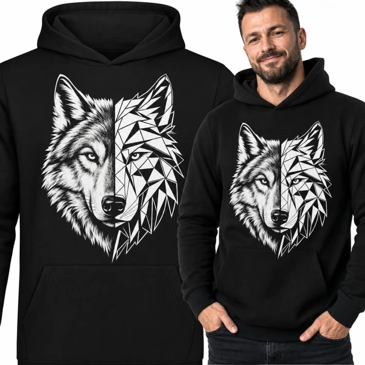 Bluza męska z kapturem - wilk z geometrycznych trójkątów