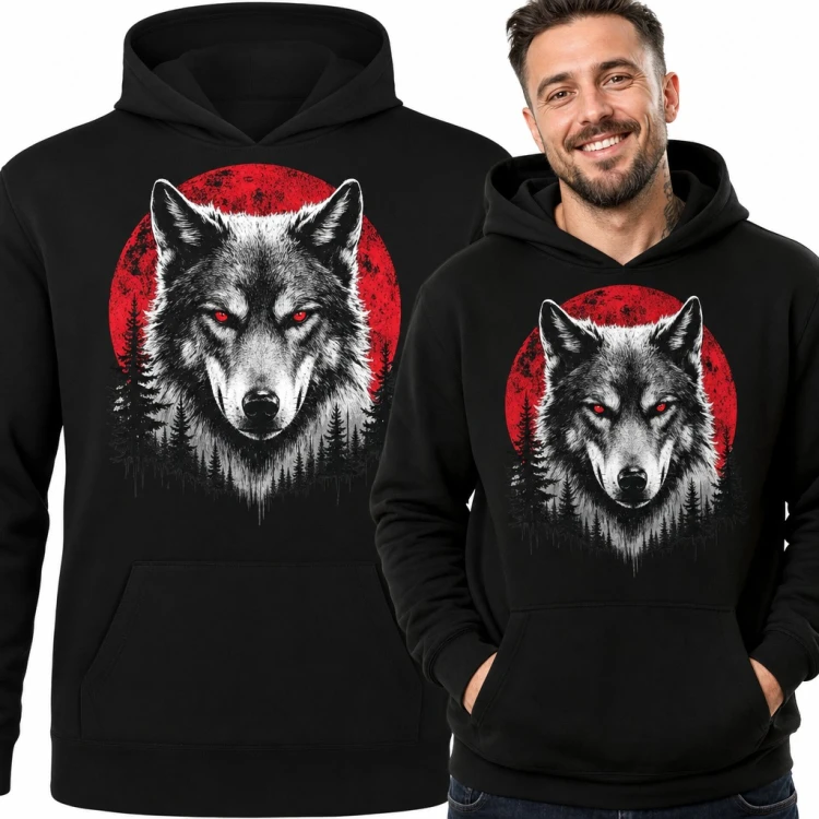 Bluza męska z kapturem - wilk o czerwonych oczach na tle krwawego księżyca