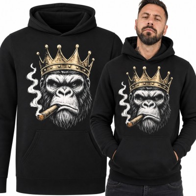 Bluza męska z kapturem - goryl w złotej koronie z cygarem