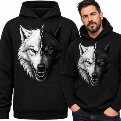 Bluza męska z kapturem - wilk biało-czarny z rysą i dwukolorowymi oczami