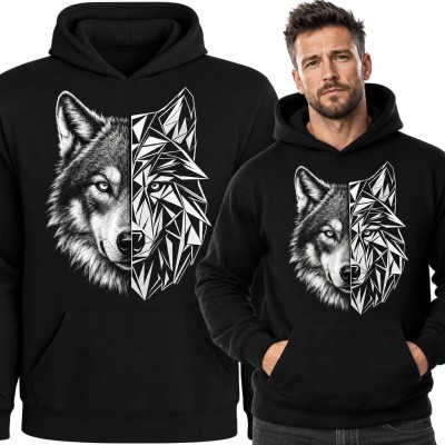Bluza męska z kapturem - głowa wilka w stylu low poly i realistycznym