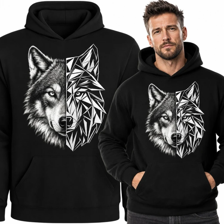 Bluza męska z kapturem - głowa wilka w stylu low poly i realistycznym