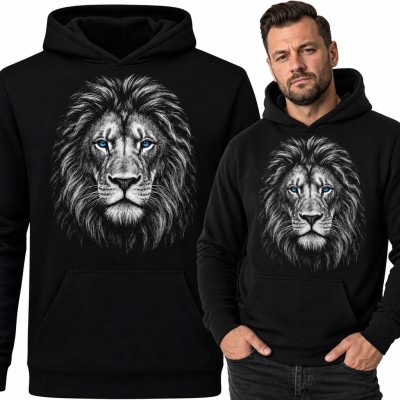 Bluza męska z kapturem - realistyczna głowa lwa z niebieskimi oczami