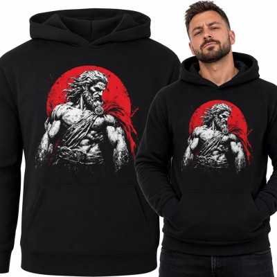 Bluza męska z kapturem - brodaty wojownik w czerwonej pelerynie na tle krwawego słońca