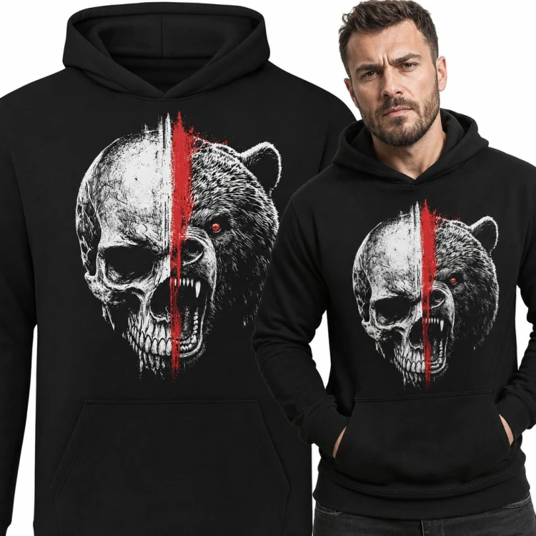 Bluza męska z kapturem - pół czaszka pół niedźwiedź z czerwonym pasem