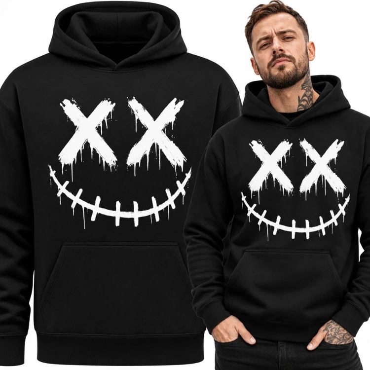 Bluza męska z kapturem - buźka z oczami X i zszytym uśmiechem w stylu graffiti