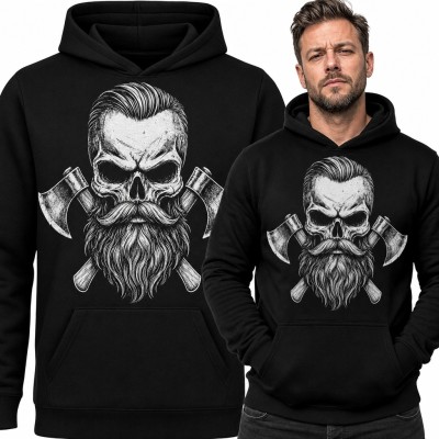 Bluza męska z kapturem - czaszka drwala z brodą i toporami