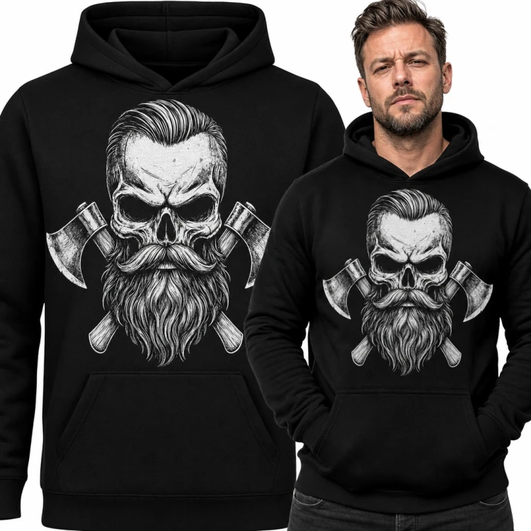 Bluza męska z kapturem - czaszka drwala z brodą i toporami