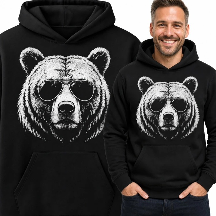 Bluza męska z kapturem - niedźwiedź grizzly w okularach pilotkach