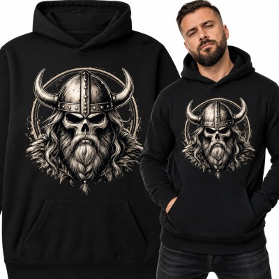 Bluza męska z kapturem - czaszka wikinga w rogatym hełmie z zaplecioną brodą