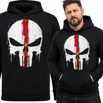 Bluza męska z kapturem - biała czaszka z czerwonym pasem w stylu grunge