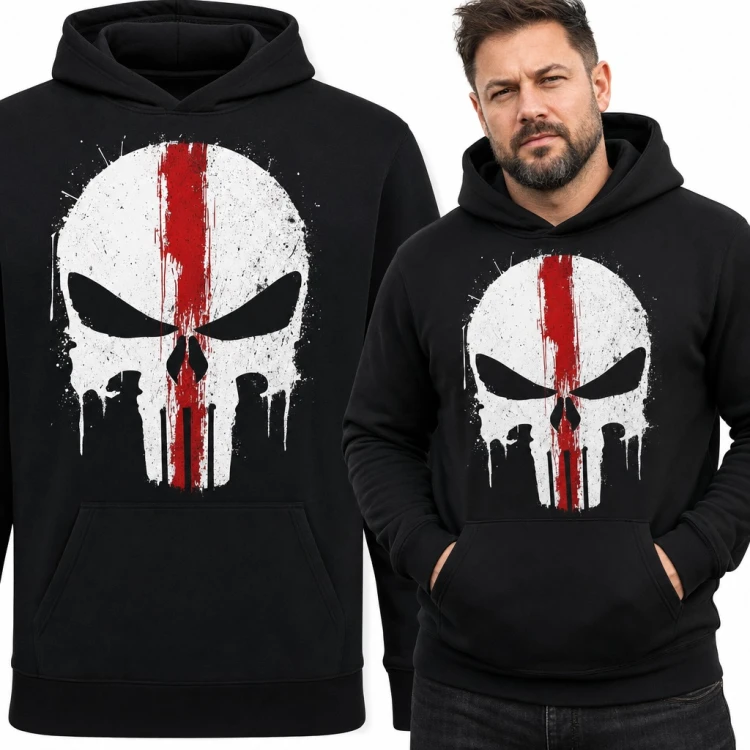 Bluza męska z kapturem - biała czaszka z czerwonym pasem w stylu grunge
