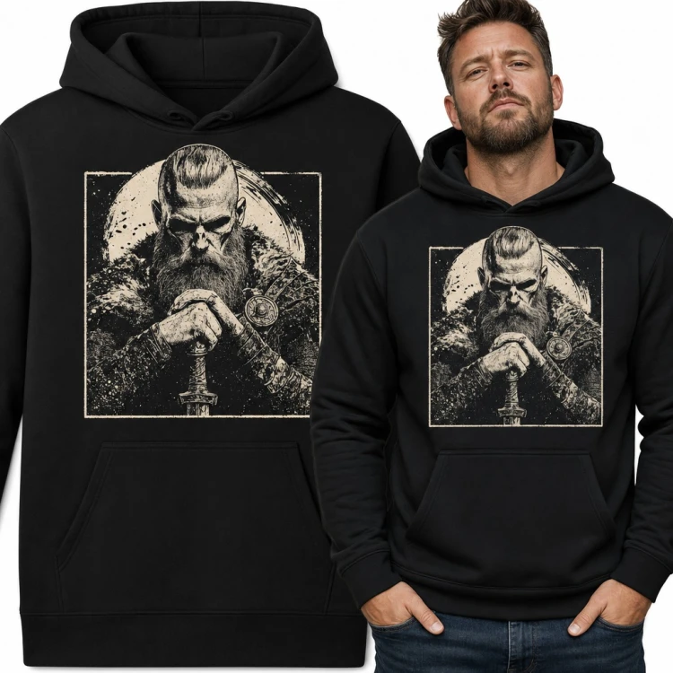 Bluza męska z kapturem - wiking z mieczem na tle księżyca