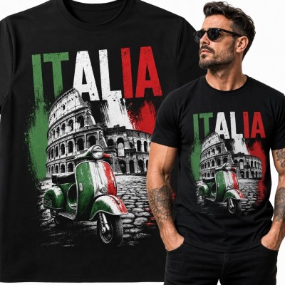 Koszulka męska „Italia” - retro skuter i Koloseum