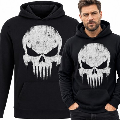 Bluza męska z kapturem - groźna biała czaszka z długimi zębami w stylu grunge