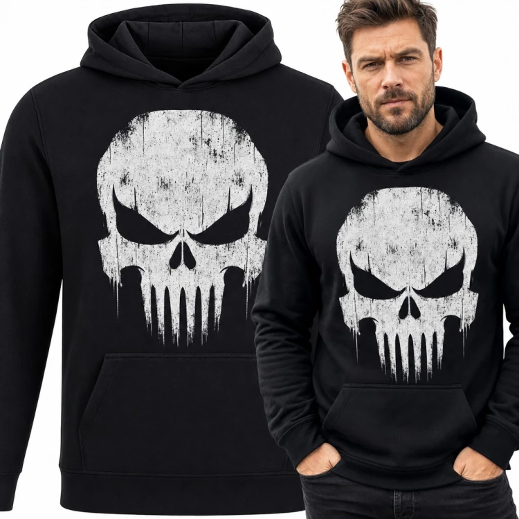 Bluza męska z kapturem - groźna biała czaszka z długimi zębami w stylu grunge