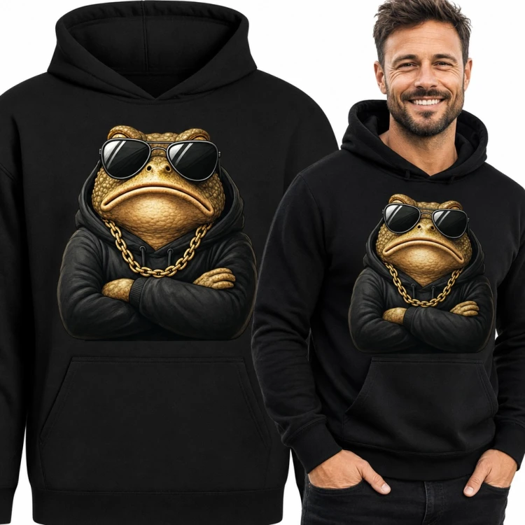 Bluza męska z kapturem - ropucha gangster w okularach i złotym łańcuchu