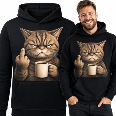 Bluza męska z kapturem - wściekły kot z kubkiem kawy pokazujący środkowy palec