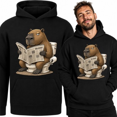 Bluza męska z kapturem - kapibara czytająca gazetę na sedesie