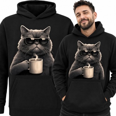 Bluza męska z kapturem - poważny kot w okularach z kubkiem kawy