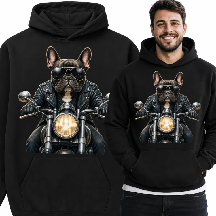 Bluza męska z kapturem - buldog francuski na motocyklu w ramonesce