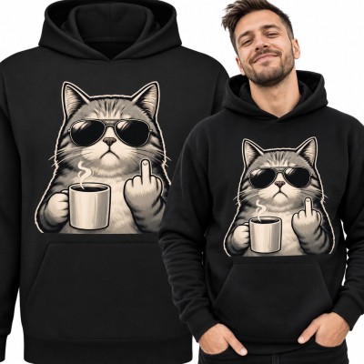 Bluza męska z kapturem - wredny kot w okularach z kawą pokazujący środkowy palec