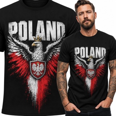 Koszulka męska patriotyczna z orłem i napisem „Poland” - biało-czerwony wzór