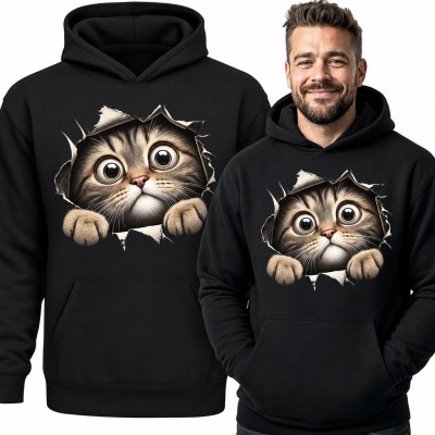 Bluza męska z kapturem - pręgowany kot z efektem 3D wyglądający przez rozdarcie