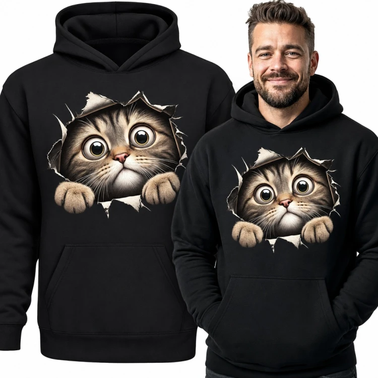 Bluza męska z kapturem - pręgowany kot z efektem 3D wyglądający przez rozdarcie
