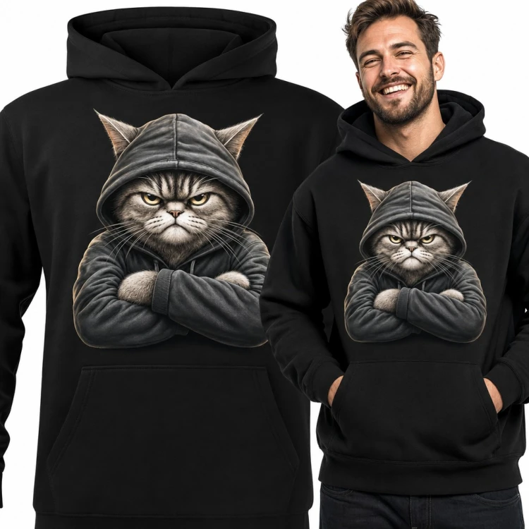 Bluza męska z kapturem - naburmuszony kot w bluzie ze skrzyżowanymi łapami