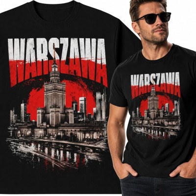 Koszulka męska z panoramą Warszawy i napisem „Warszawa” - Pałac Kultury i Nauki