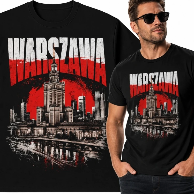 Koszulka męska z panoramą Warszawy i napisem „Warszawa” - Pałac Kultury i Nauki