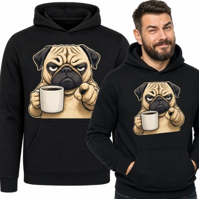 Bluza męska z kapturem - zrzędliwy mops z kubkiem kawy