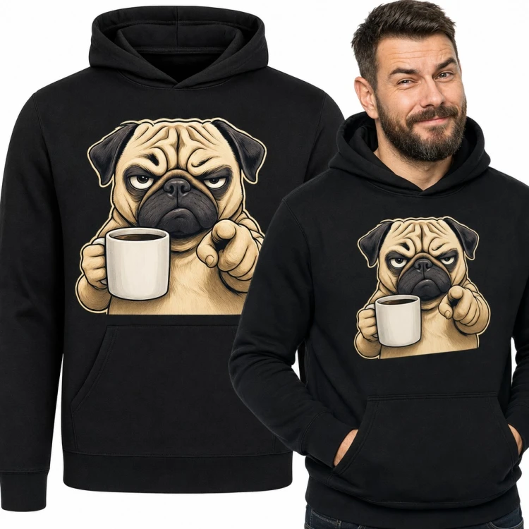 Bluza męska z kapturem - zrzędliwy mops z kubkiem kawy