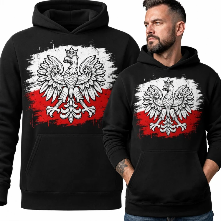 Bluza męska z kapturem - orzeł biały w koronie na biało-czerwonej fladze grunge