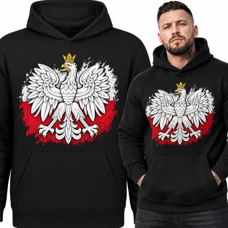 Bluza męska z kapturem - orzeł w koronie na biało-czerwonej fladze dla patrioty