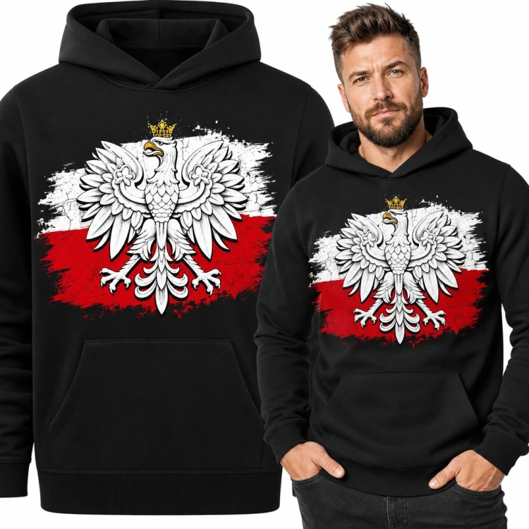 Bluza męska z kapturem - orzeł biały w koronie na biało-czerwonej fladze