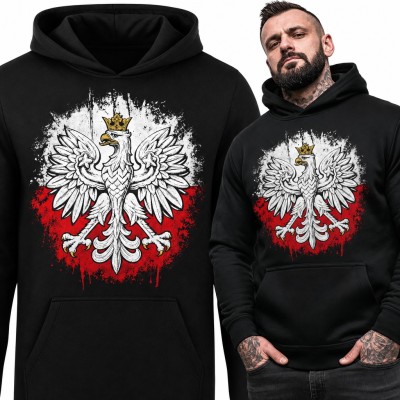 Bluza męska z kapturem - biały orzeł w koronie na biało-czerwonej fladze