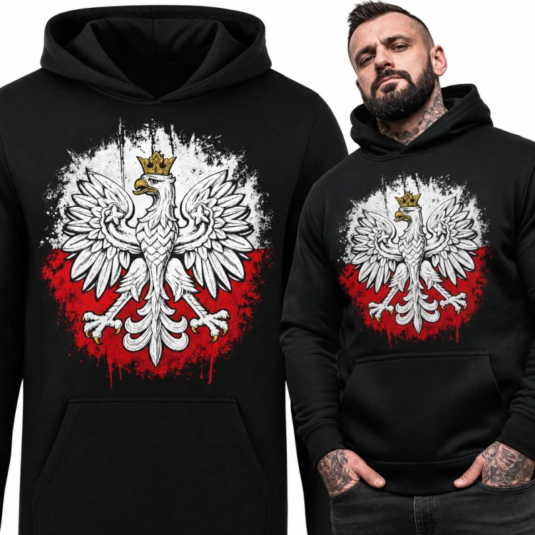 Bluza męska z kapturem - biały orzeł w koronie na biało-czerwonej fladze